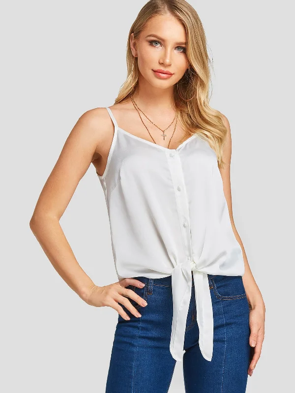 Wholesale V-Neck Spaghetti Strap Self-Tie Sleeveless White Tank Top