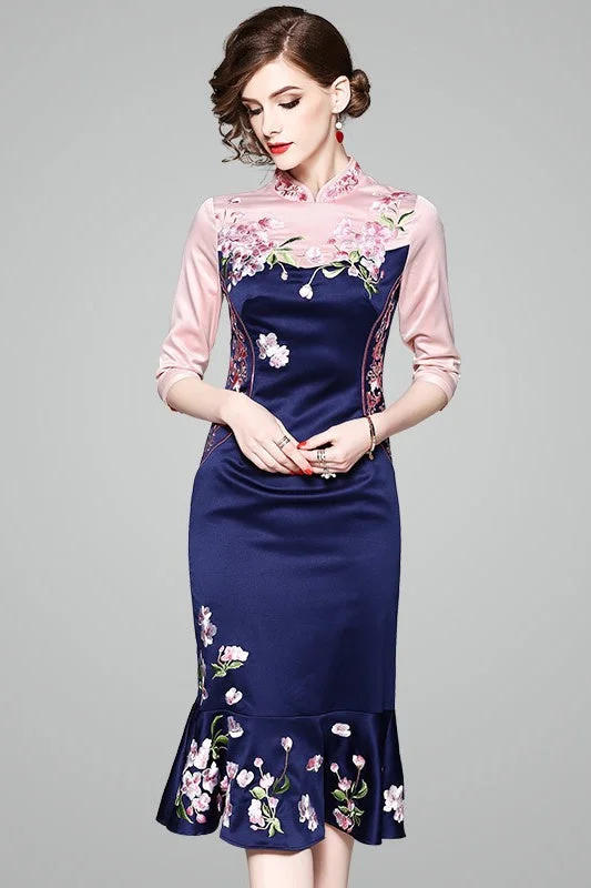 Floral Embroidered Ruffle Hem Qipao Dress