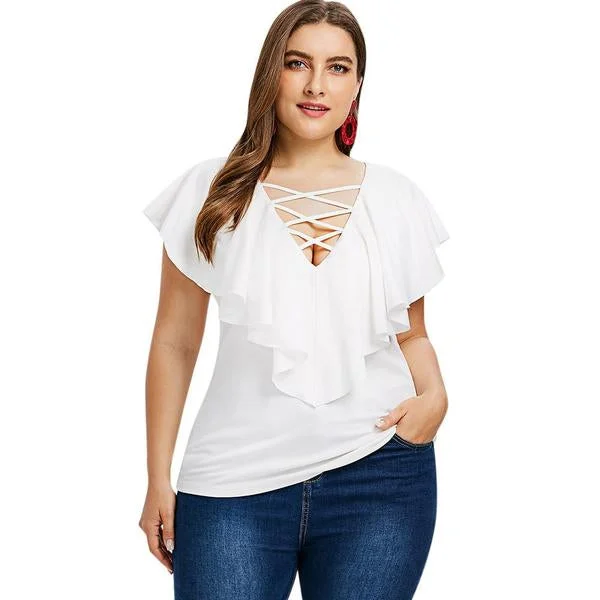 ANALUKE Criss Cross Ruffle Insert Short Sleeve T-Shirt