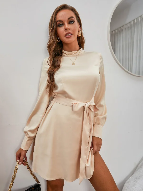 Plain Belted Long Sleeve Stand Collar Flared Natural Short Dress