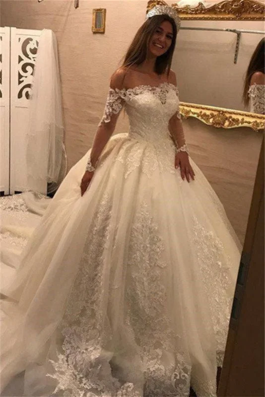 Off the Shoulder Long Sleeves Ball Gown Wedding Dress With Lace Appliques