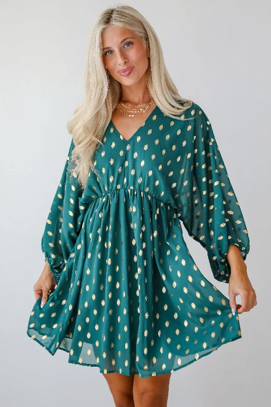 FINAL SALE - Gorgeous Favorite Hunter Green Dotted Babydoll Mini Dress