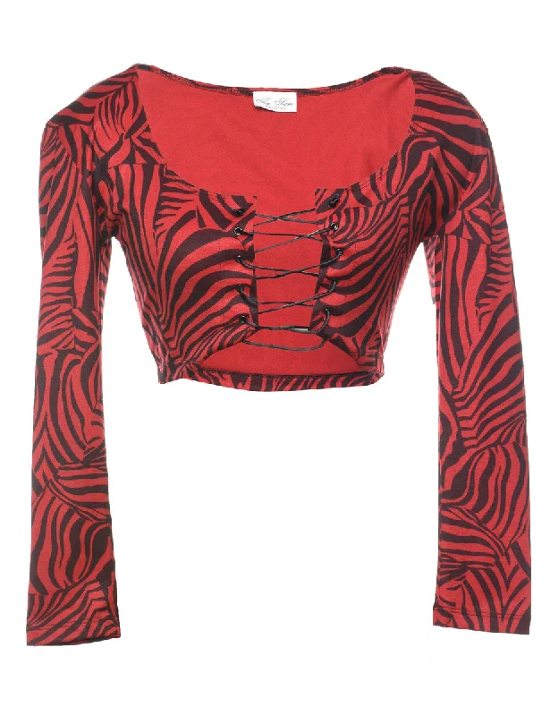 Animal Print Red & Black 1990s Cropped Evening Top - S