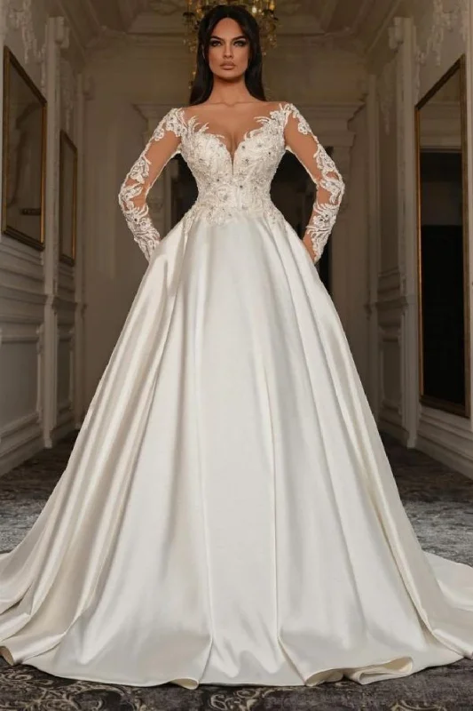 Elegant Long Sleeves V-Neck Appliques Lace A-Line Ruched Satin Wedding Dress with Chapel Train