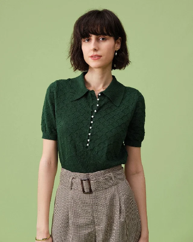 The Green Short Sleeve Textured Lapel Knit Tee