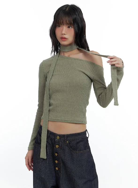 One-Shoulder Slim Fit Ribbed Scarf Top CS420