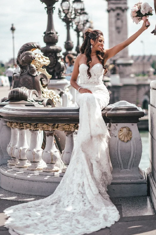 Strapless Full Lace Bridal Dress with Open Back