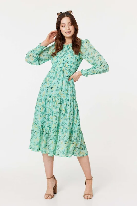 Floral Long Sleeve Midi Smock Dress