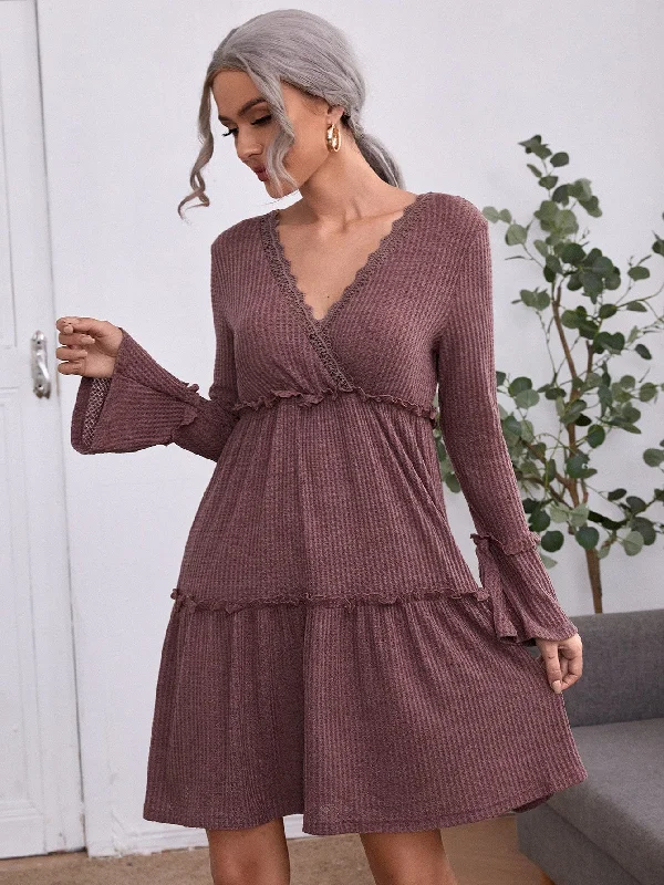 Plain Frill Long Sleeve V Neck Flounce High Waist Knee Length Dress