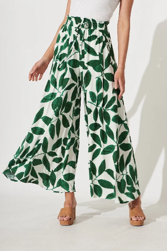 Mariah Pants In Cream With Green Leaf Print