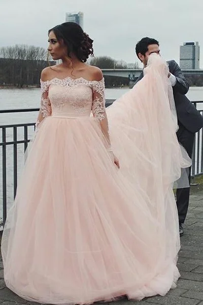 Lace Off-the-shoulder Pink Wedding Gown Long Sleeves