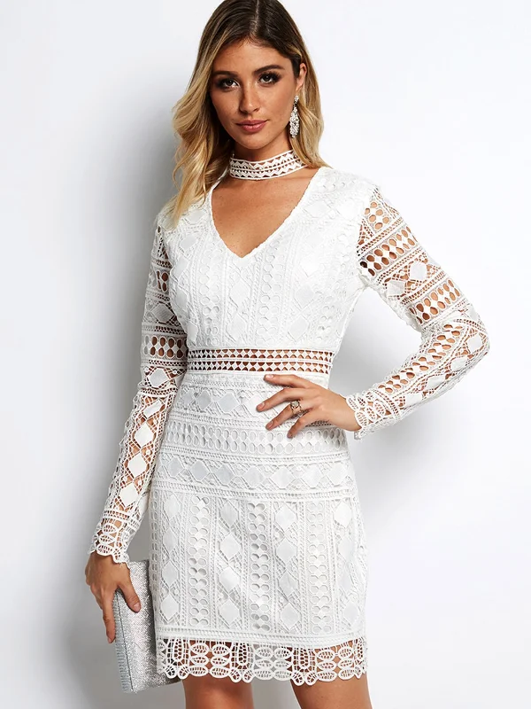 Wholesale White V-Neck Long Sleeve Lace Zip Back Partially Lined Mini Dress