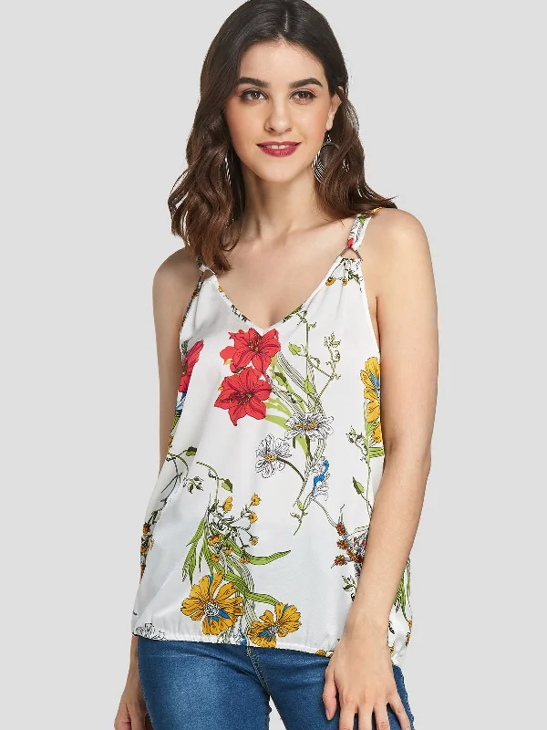 Wholesale V-Neck Floral Print Spaghetti Strap Sleeveless White Cami