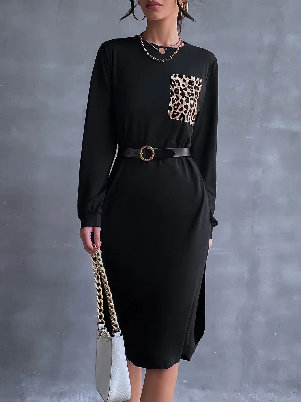 Leopard Split Long Sleeve Round Neck Straight Natural Knee Length Dress