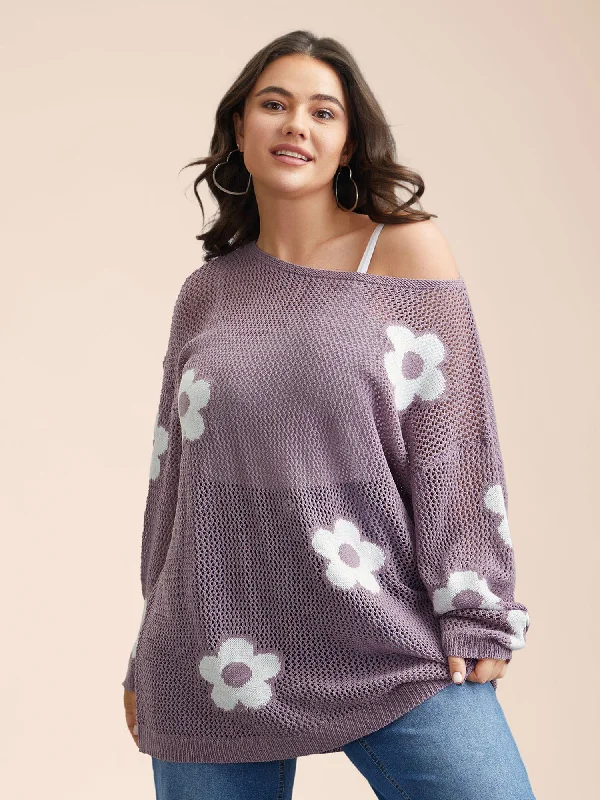 Floral Jacquard Cut-Out Ribbed Pullover