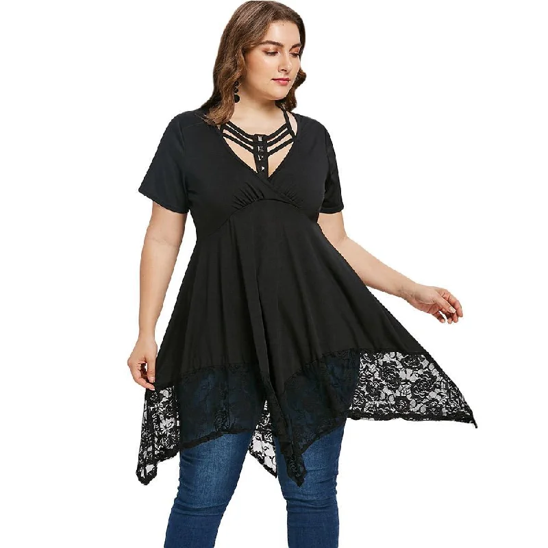 ANALUKE Rivet Lace Insert Longline Short Sleeve T-shirt