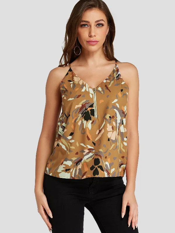 Custom V-Neck Camouflage Zip Back Spaghetti Strap Sleeveless Yellow Tank Top