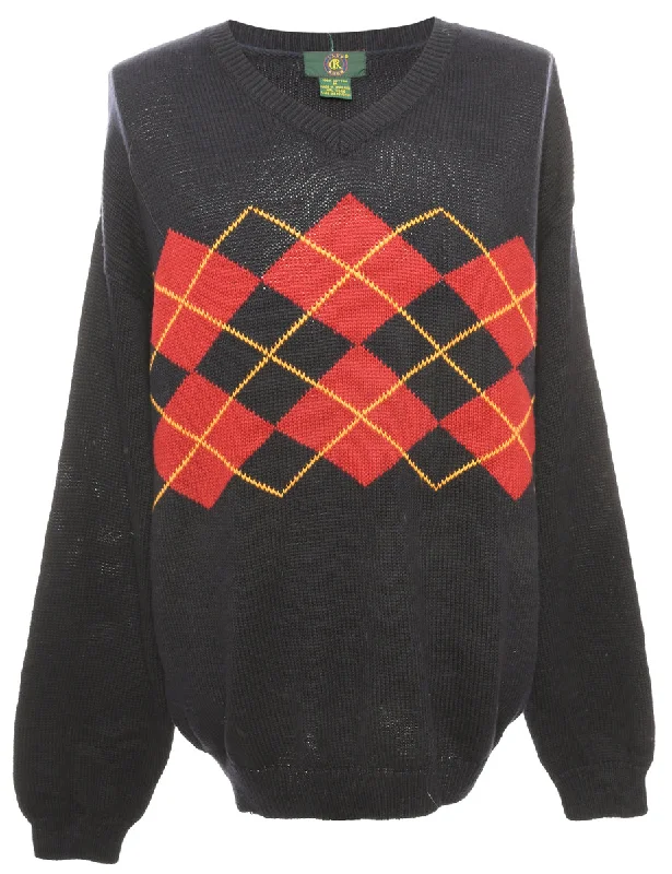 Argyle Navy & Red Jumper - M