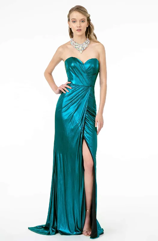 Elizabeth K - GL2894 Strapless Sweetheart High Slit Fitted Satin Gown