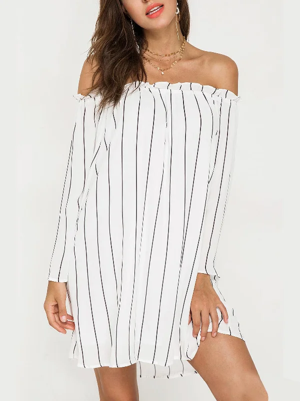 Wholesale White Off The Shoulder Long Sleeve Stripe Slit Mini Dress