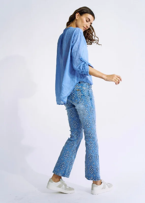 Embroidered Relaxed High Waisted Blue Jeans With Bell Bottom