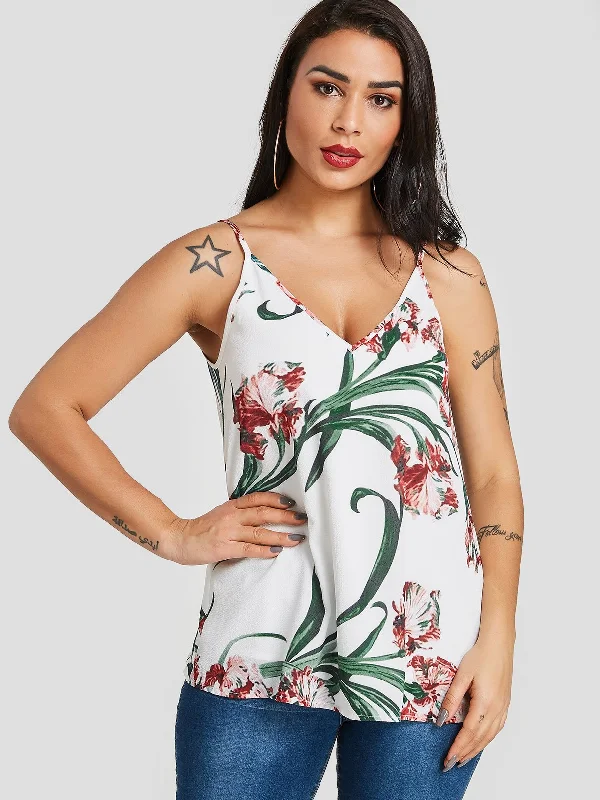 Custom V-Neck Floral Print Spaghetti Strap Sleeveless White Camis