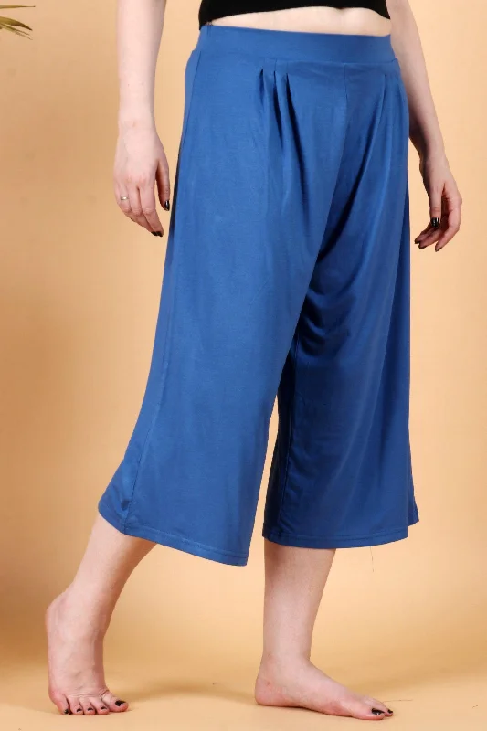 Blue Solid Cropped Wide Palazzo