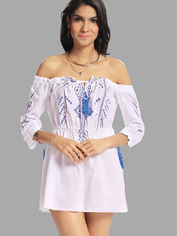 Wholesale White Off The Shoulder Long Sleeve Geometrical Tassel Mini Dresses