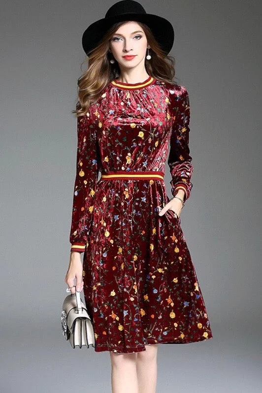 Floral Print Velvet Midi Dress