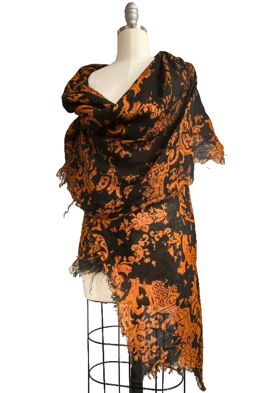 Asymmetrical Wrap Vest Open Weave Linen w/ Wallpaper Print - Black & Orange