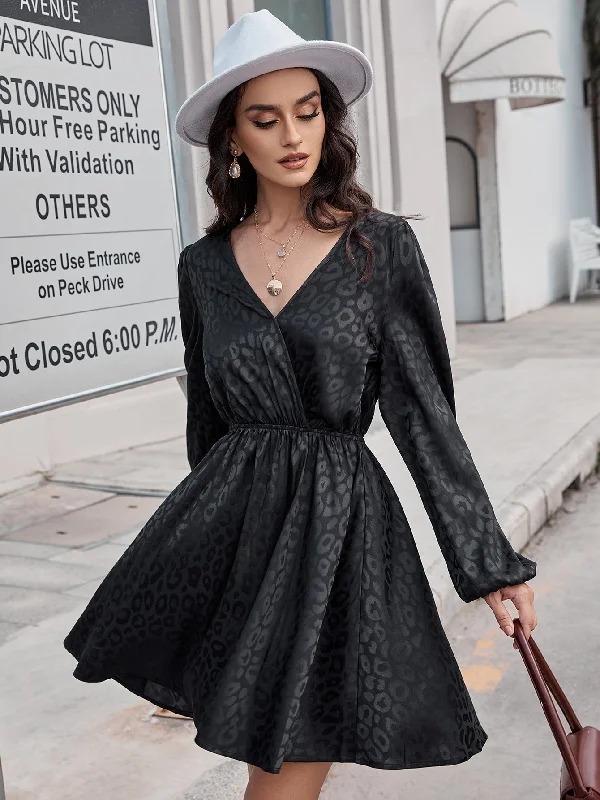 Plain Long Sleeve V Neck Flared High Waist Midi Dress