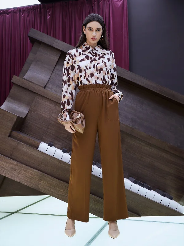 Elegant Plain Paper Bag Waist High Waist Long Women Pants