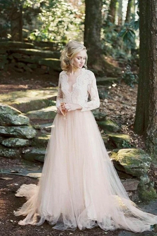 Scalloped Lace V-neck Blush Wedding Dress Long Sleeves vestido de casamento