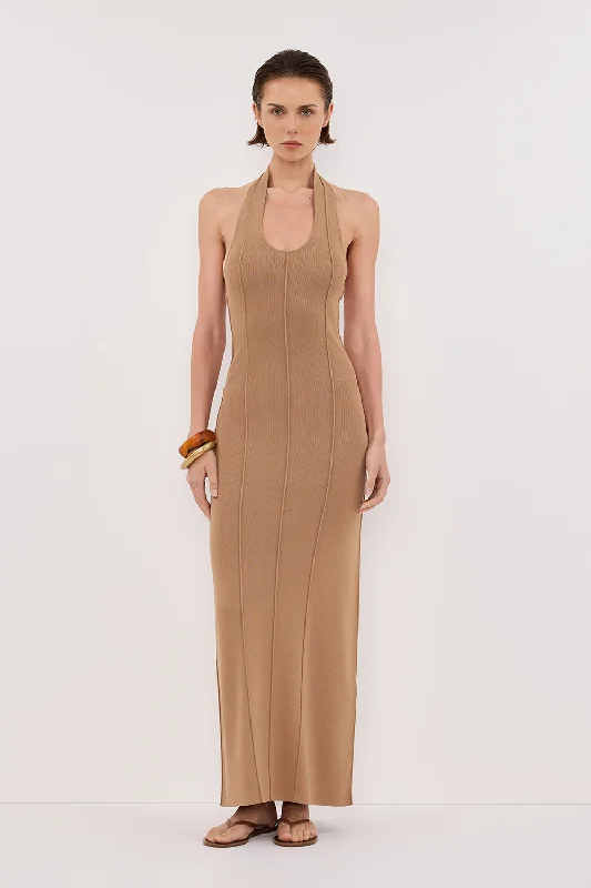 LISS TAN HALTER MAXI DRESS