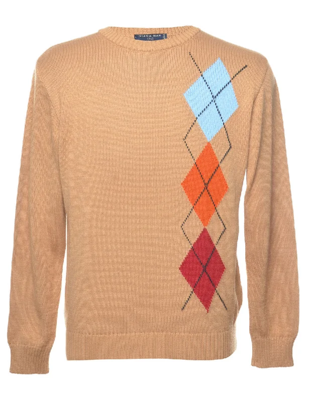 Argyle Light Brown & Orange Knit Jumper - L