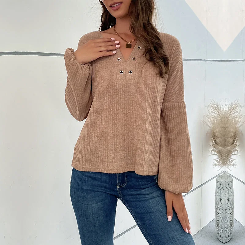 Long-Sleeve Solid Color V-Neck Sweater Wholesale Womens Tops