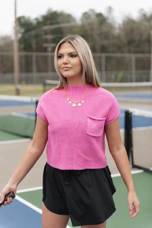 Pink Mock Neck Short Sleeve Knit Top