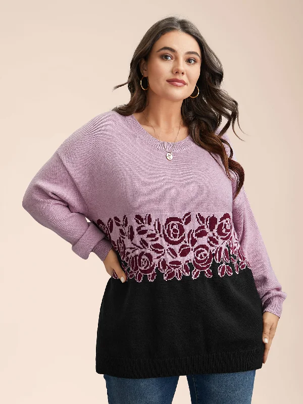 Jacquard Floral Pattern Contrast Drop-Shoulder Pullover