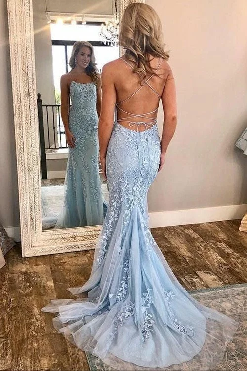 Tulle Floral Lace Prom Dresses with Strappy Backless