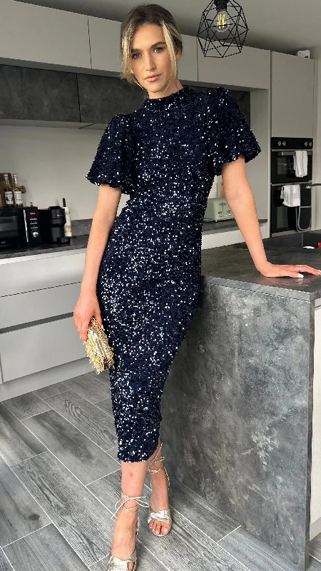 Rachelle Navy Sequin Bow Back Detail Midi Dress