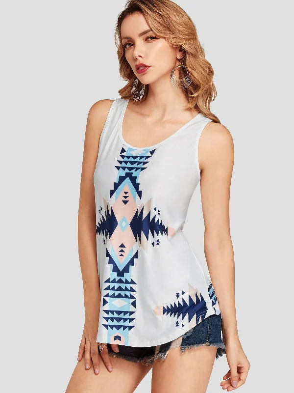 Custom Scoop Neck Geometrical Sleeveless White Camis