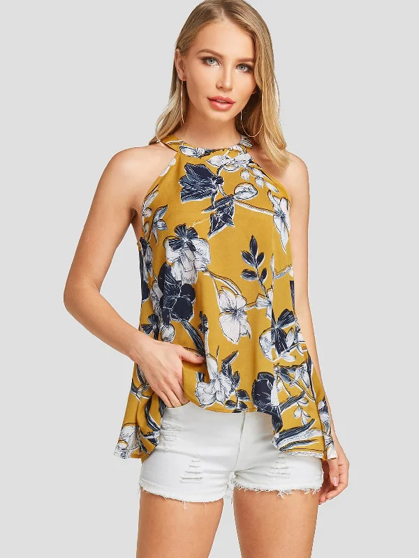 Wholesale Halter Floral Print Hollow Sleeveless Yellow Camis