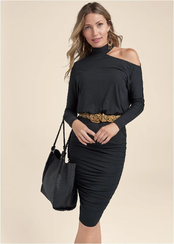 Ruched Midi Dress  - Black