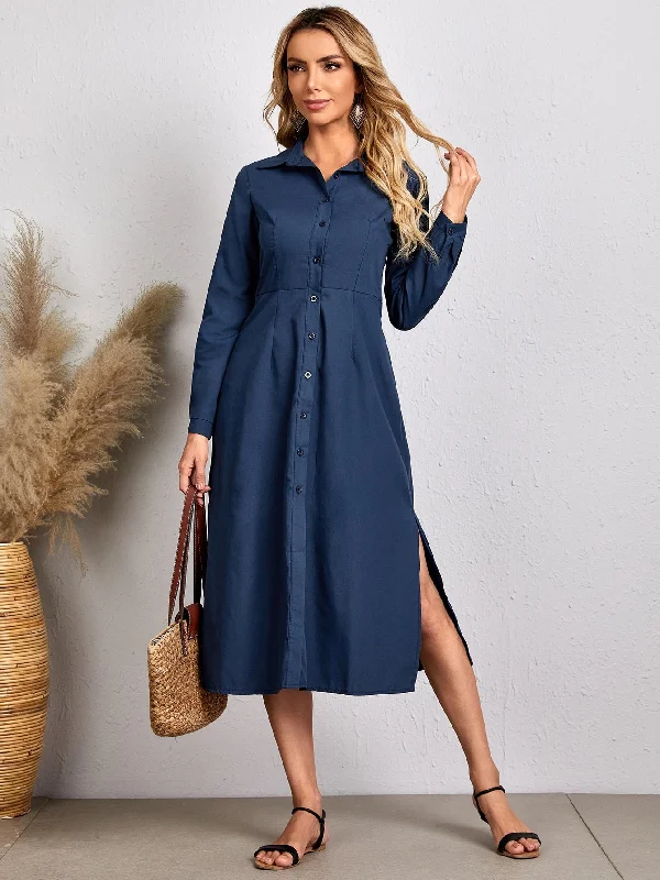 Plain Button Front Long Sleeve Collar Slit High Waist Midi Dress