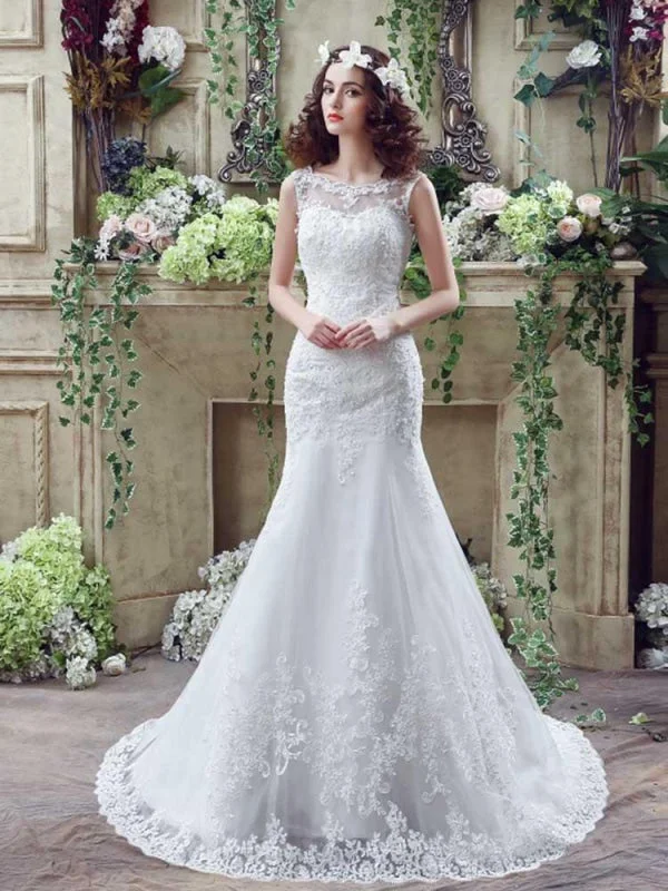 Elegant Beaded Tulle Mermaid Wedding Dresses