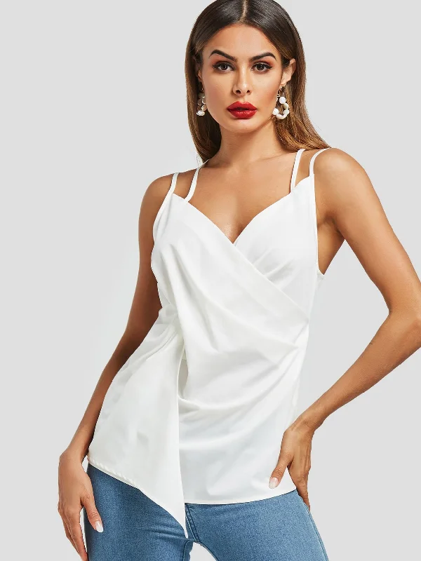 Wholesale V-Neck Plain Crossed Front Tiered Pleated Criss-Cross Sleeveless White Camis