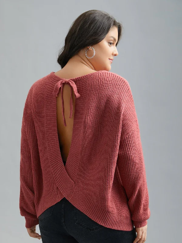 Open Wrap Back Textured Tied Pullover