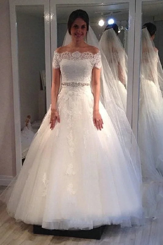 Lace Off-the-shoulder Wedding Gown with Rhinestones Belt