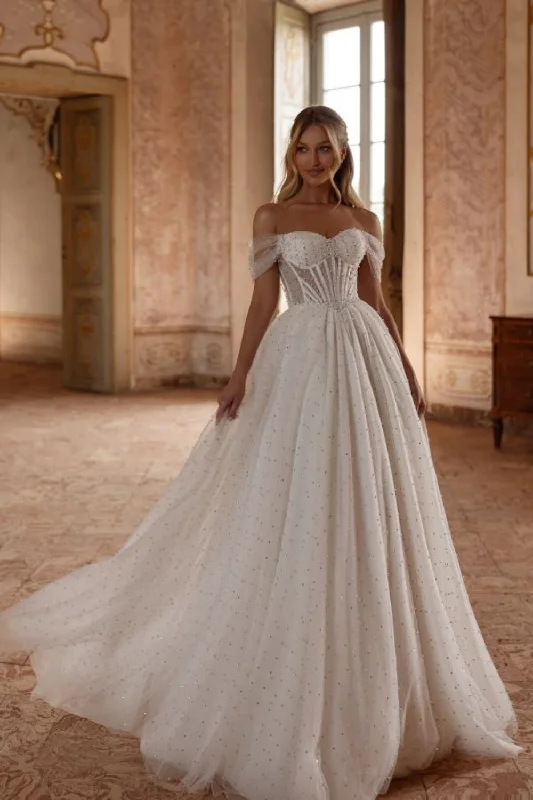 Sweet Off-the-Shoulder Beaded Tulle Lace A-Line Wedding Dress