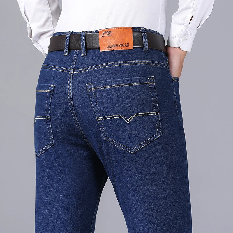 Men's Smart Jeans Business Fashion Straight Regular Blue Stretch Denim Trousers Classic Men